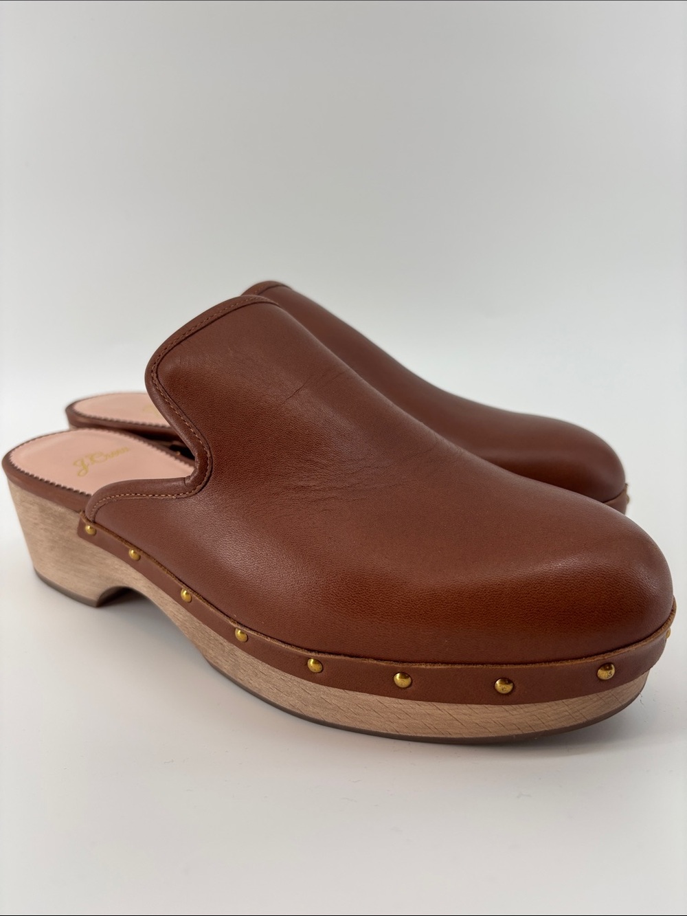 J.Crew Warm Sepia Brown Leather Studded Clogs — Women’s 8